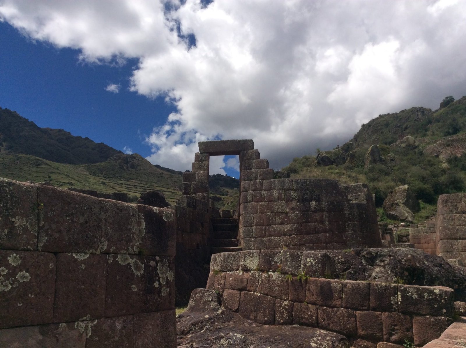 Incan ruins in Pisac, Peru on a cloudy day