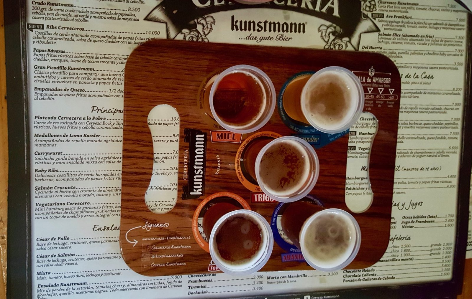 A flight of beer at Kunstmann brewery in Valdivia, Chile