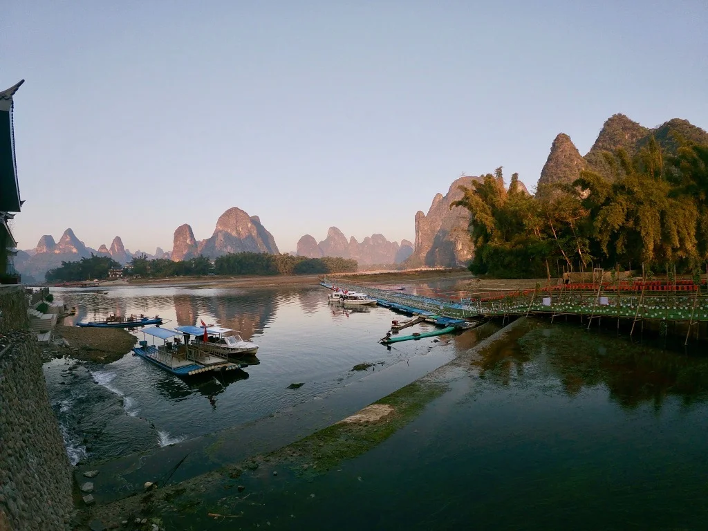 Hiking in Xingping A view from Xingping town, showing the lake and many karst mountains