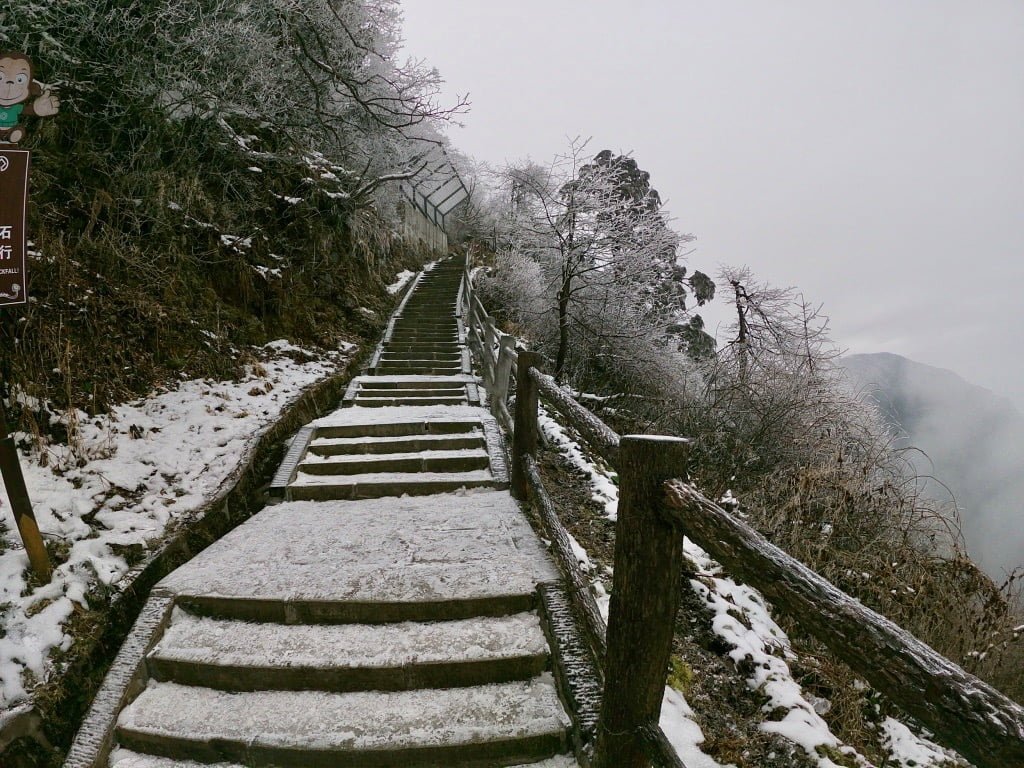 Snow-covered stairs up the hike to the top of Emeishan in the Sichuan Province of China