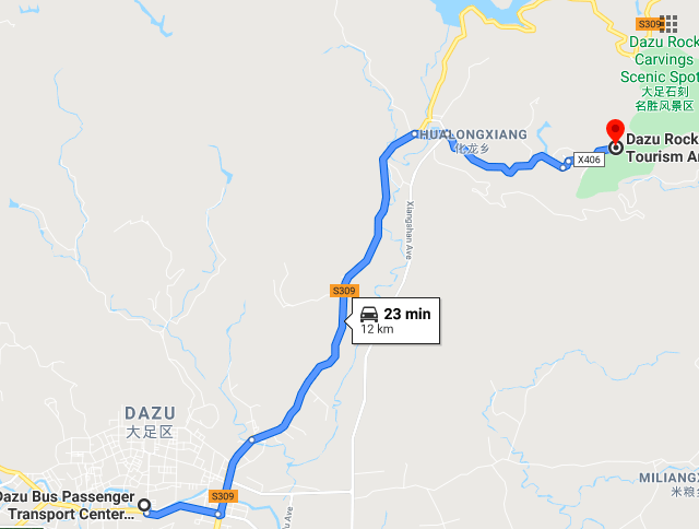 Map of directions for getting from Dazu downtown to the Baodingshan Rock Carvings, Dazu, Chongqing, China