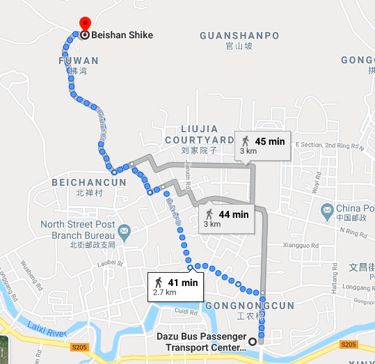 Map of walking directions for getting to Beishan Rock Carvings from the Dazu downtown in China