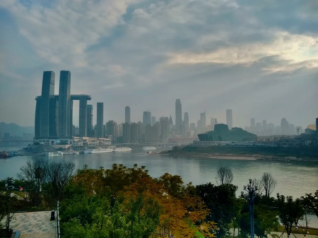 A view of downtown Chongqing, including the famous Chaotianmen gate in the distance