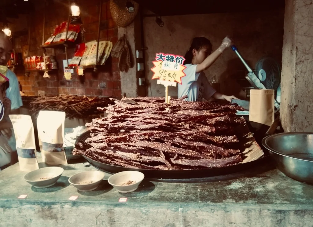 A large platter of beef jerky in Ciqikou street, Chongqing