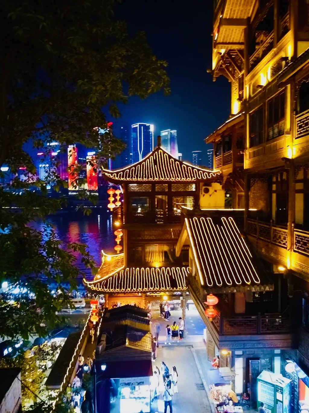 Hongya c cave in Chongqing, lit up at night; one of the major travel attractions in Chongqing city