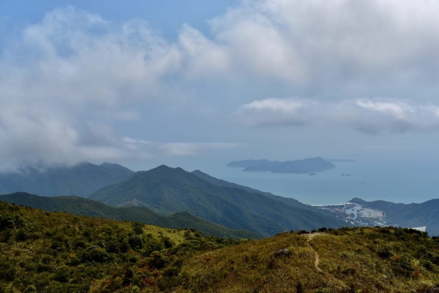 A view of some mountains, then the sea, with a small island: Qishan, Dapeng, Shenzhen, China hike.