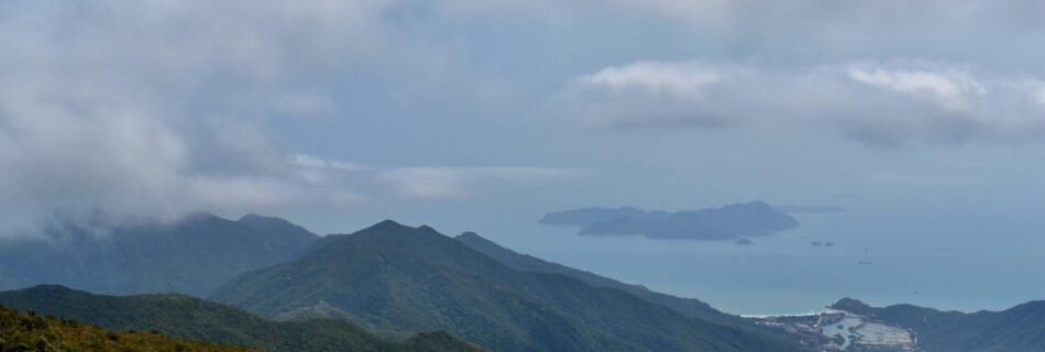 A view of some mountains, then the sea, with a small island: Qishan, Dapeng, Shenzhen, China hike.