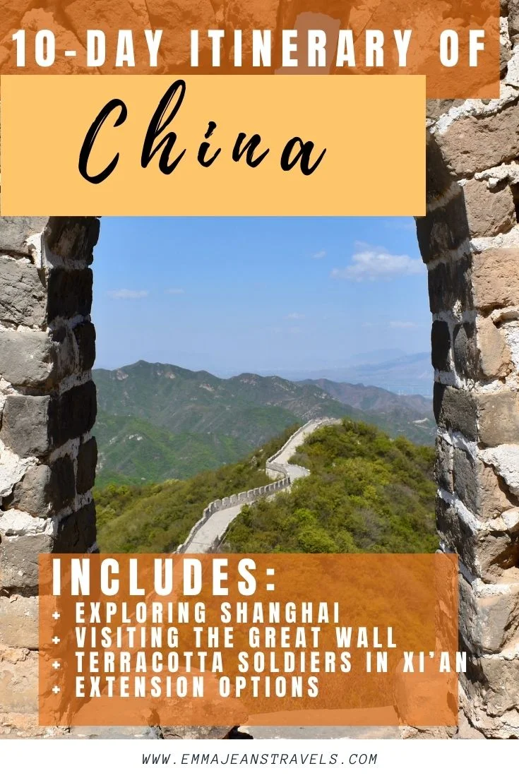 Forced to wrong size: 432x648, natural is 735x1102! Writing: 10 day Itinerary of China. Picture of a wall on a mountain, framed by a stone arch.